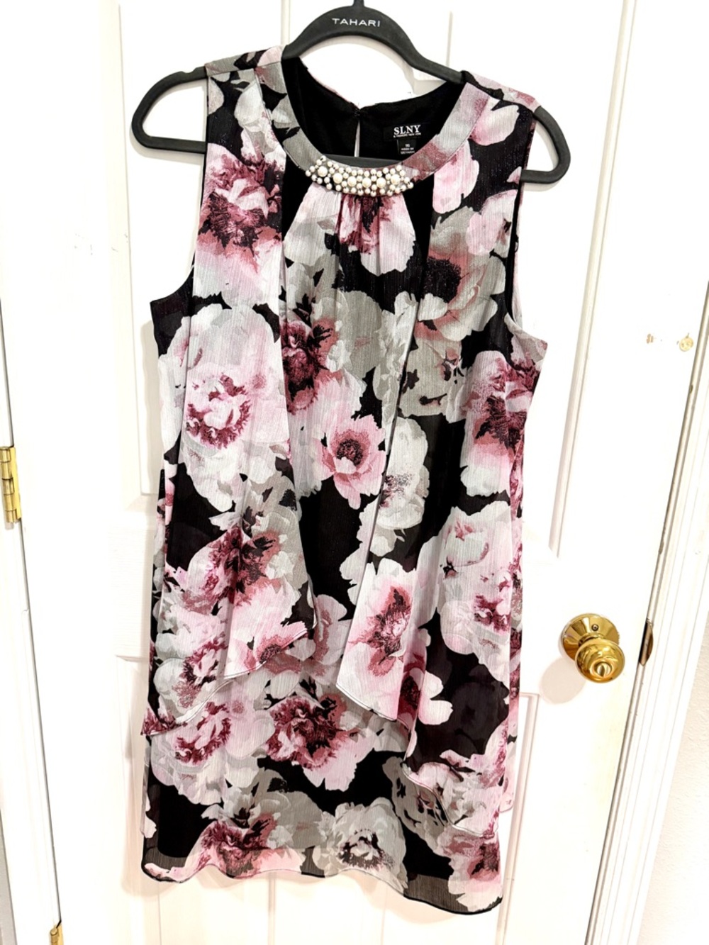 SLNY Black Floral Pearl-Embellished Shift Dress